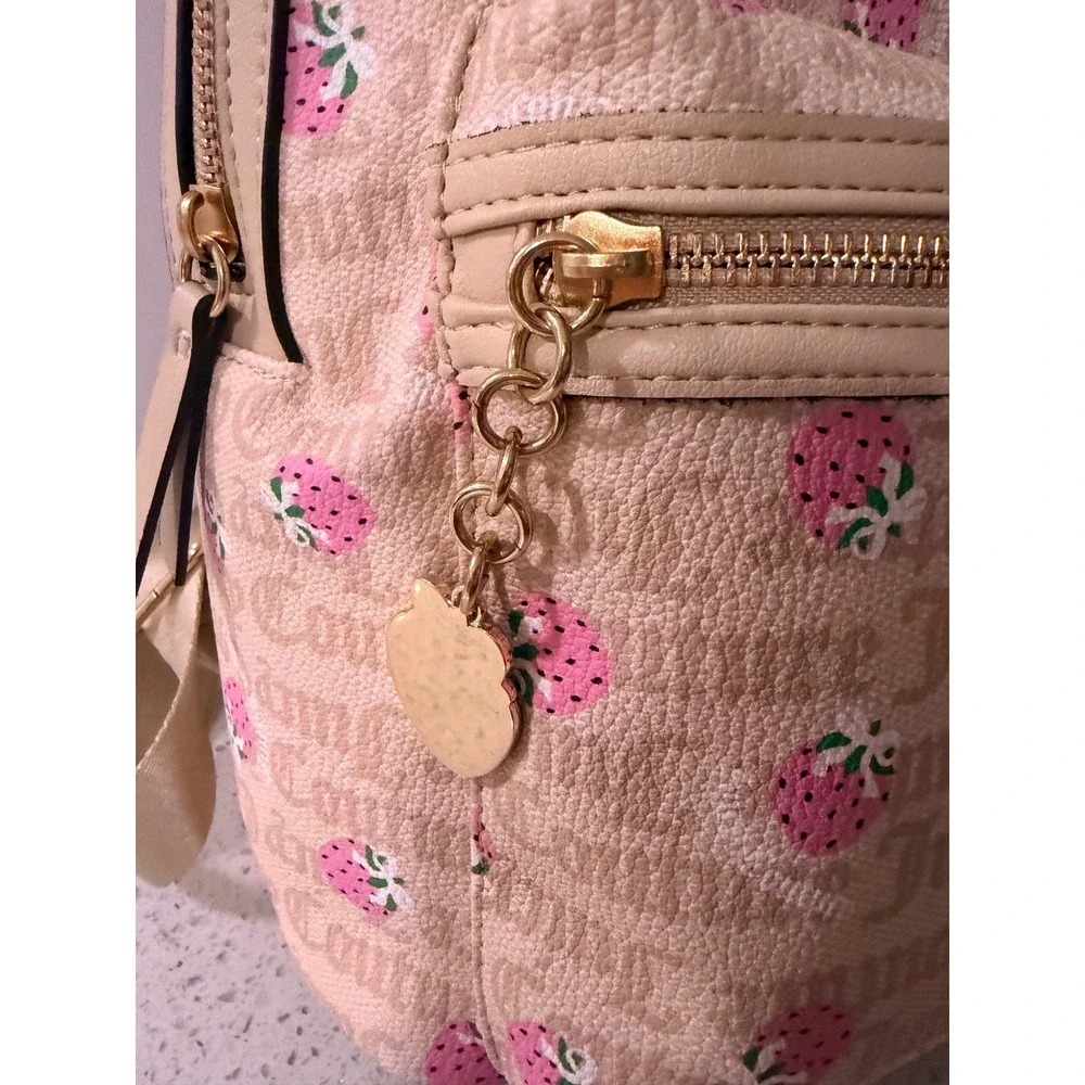 Juicy Couture Strawberry Monogram Backpack Tan Pink Gold Tone Y2K Style Bag